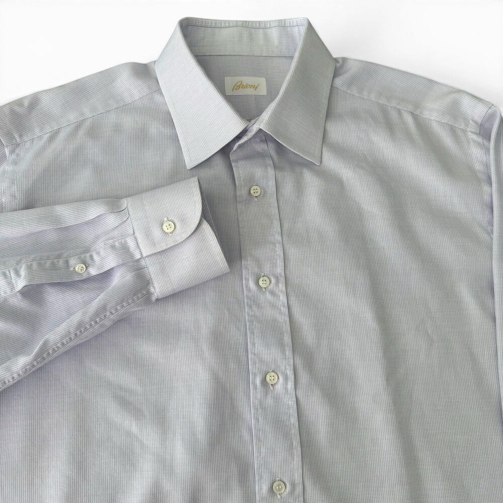 Brioni Dress Shirt Mens 17.5 Blue Micro Check Grid 100% Cotton Classic Fit Italy